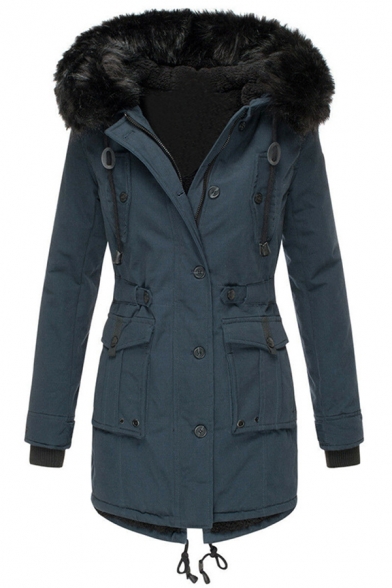 Casual Girls' Long Sleeve Hooded Drawstring Button Zipper Front Flap Pockets Fluffy Trim Plain Loose Midi Parka Coat
