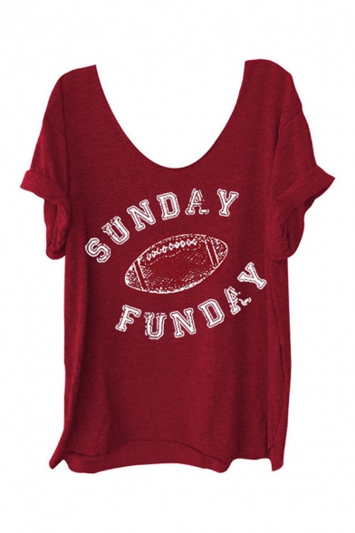 Casual Sport Women's Short Sleeve Scoop Neck Letter SUNDAY FUNDAY Rugby Print Loose Tee