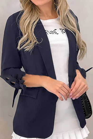 Charm Formal Women's Bow-Tie Sleeve Notch Lapel Collar Flap Pockets Slim Fit Plain Open Front Blazer