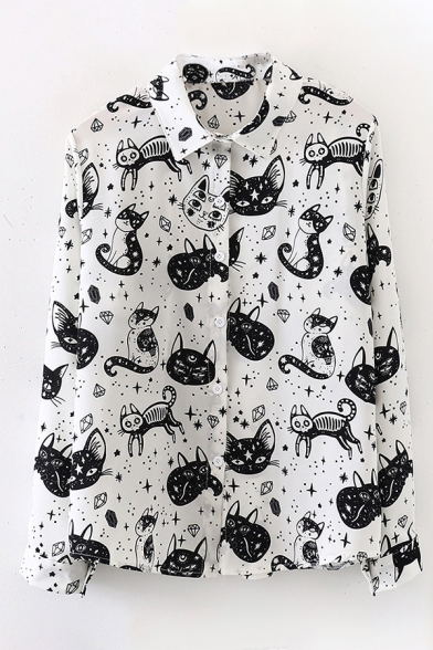 Chic Girls' Long Sleeve Lapel Neck Button Front Kitty Star Pattern Relaxed Fit Shirt
