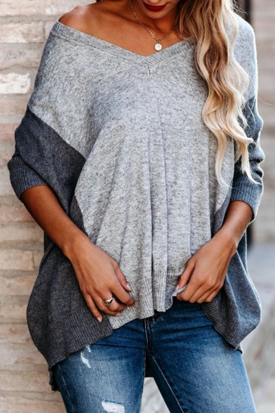 Chic Street Women's Dolman Sleeve Drop Shoulder Contrasted Asymmetric Purl-Knit Oversize Pullover Sweater
