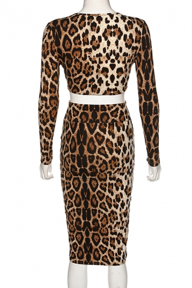 Classic Leopard Print V-Neck Tied Front Cropped Top with Midi Skirt Brown Co-ords