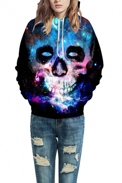 Colorful Galaxy Skull 3D Pattern Long Sleeves Relaxed Fit Black Pullover Hoodie