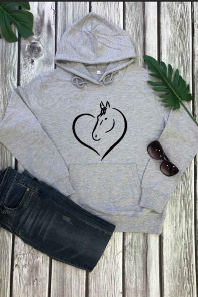 Creative Horse and Heart Pattern Long Sleeve Oversized Drawstring Hoodie for Women