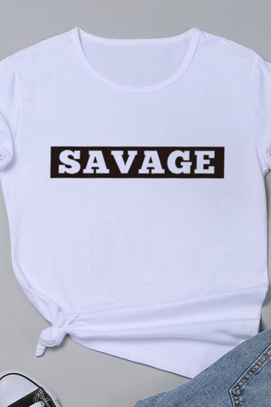 Creative Square Letter SAVAGE Printed Short Sleeves Basic T-Shirt for Women