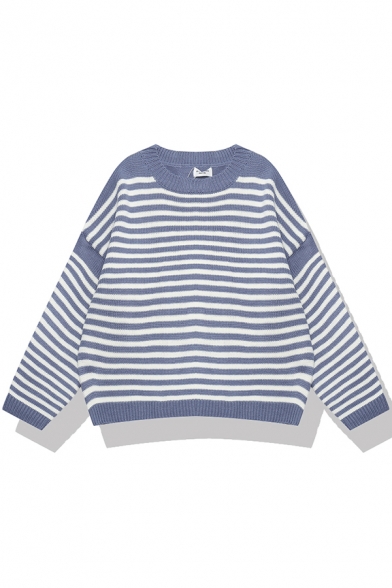 Cute Basic Long Sleeve Crew Neck Stripe Printed Oversize Knit Pullover Sweater for Female