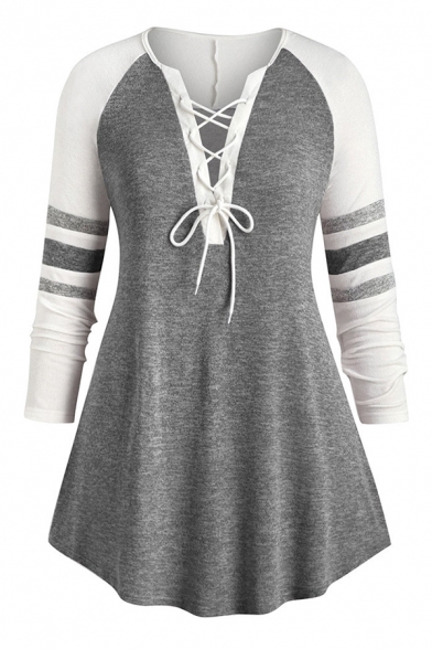 Cute Fancy Girls' Long Sleeve Deep V-Neck Lace Up Stripe Contrasted Pleated Loose T Shirt