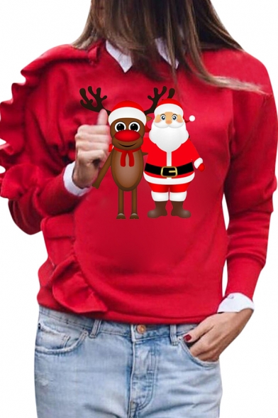 Cute Girls' Long Sleeve Crew Neck Santa Claus and Reindeer Pattern Ruffle Trim Relaxed Fit Christmas Sweatshirt in Red