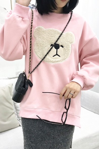 Cute Kwaii Girls Long Sleeve Crew Neck Bear Printed Fluff Liner Slit Side Baggy Pullover Sweatshirt