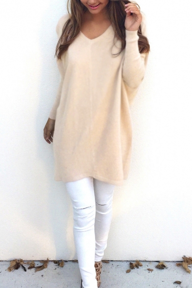 Elegant Cozy Plain Long Sleeve V-Neck Purl-Knit Oversize Midi Pullover Sweater Top for Ladies