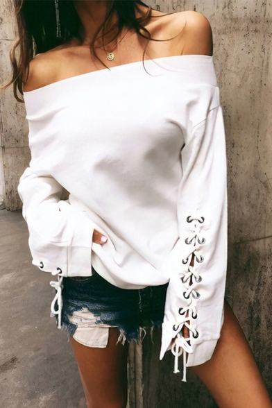 Elegant Fashion Girls' Long Sleeve Off The Shoulder Lace Up Loose Fit Plain Pullover Sweatshirt