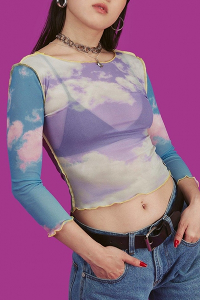 Exclusive Purple Cloud Pattern 3/4 Length Sleeves Contrast Stitching Slim Fit Cropped Tee
