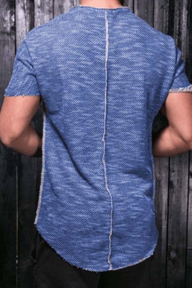 Exclusive Solid Color Short Sleeve Crewneck Arc Hem Inverted Seam Summer Heathered T-Shirt