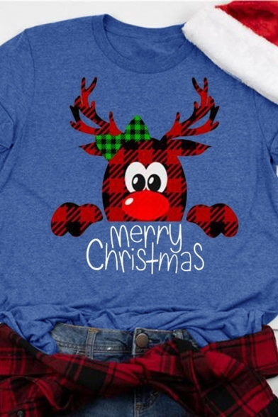 Fancy Cool Roll Up Sleeve Crew Neck Letter MERRY CHRISTMAS Reindeer Pattern Loose Tee for Girls