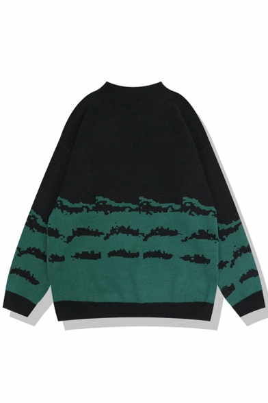 Fashion Ladies' Long Sleeve Crew Neck Road Pattern Baggy Purl-Knit Pullover Sweater in Green