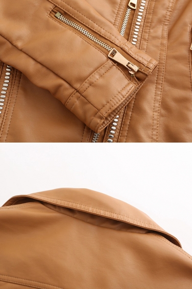 Fashion Plain Long Sleeve Peak Collar Zipper Rivet Decoration Leather Slim Fit Jacket for Girls
