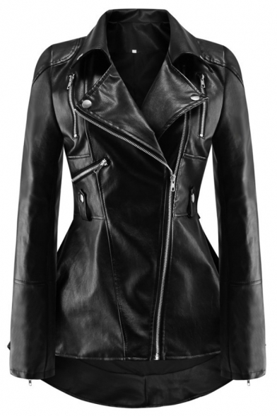 Female Trendy Cool Long Sleeve Notch Collar Zipper Decoration Curved Hem Leather Jacket In Black