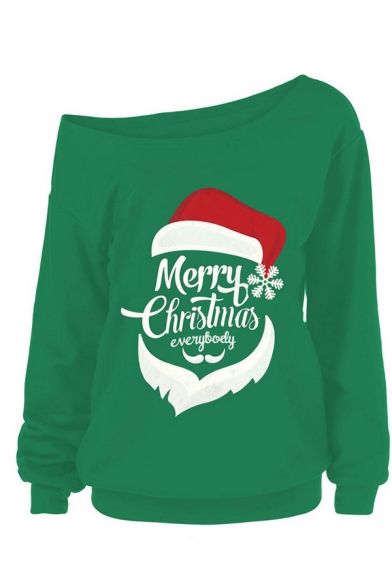 Funny Santa Claus Letter MERRY CHRISTMAS Print Long Sleeve One Shoulder Oversized Sweatshirt