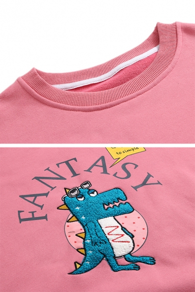 Girls' Cute Fashion Long Sleeve Round Neck FANTASY Letter Dinosaur Printed False Two-Piece Oversize Sweatshirt