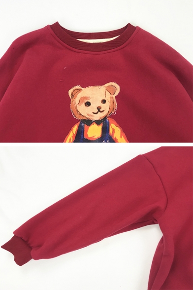 Girls Retro Cartoon Bear Printed Long Sleeve Round Neck Thick Oversized Sweatshirt