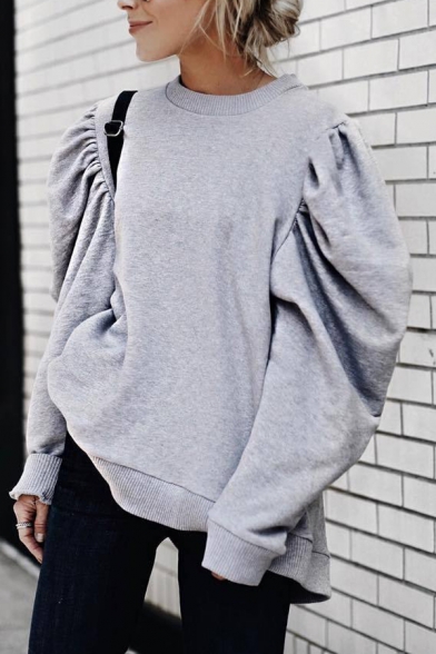 Grey Stylish Puff Sleeve Crew Neck Oversize Pullover Sweatshirt for Ladies