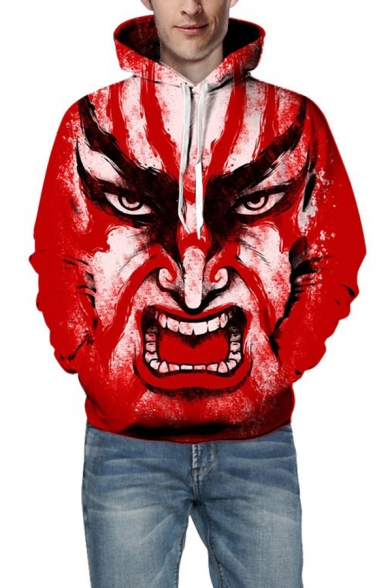 Guys Popular Cartoon Face 3D Printed Long Sleeves Oversized Red Pullover Hoodie