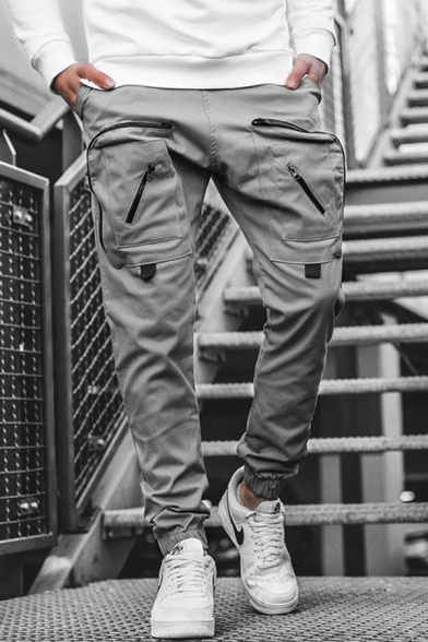 Hip Hop Solid Color Zipper Embellished Pockets Woven Trousers Cargo Pants