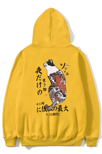 Hip Hop Style Japanese Letter Cat Printed Long Sleeve Oversized Retro Hoodie