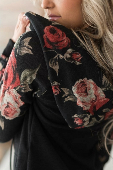 Ladies Stylish Floral Printed Long Sleeve Drawstring Pullover Hoodie with Pocket