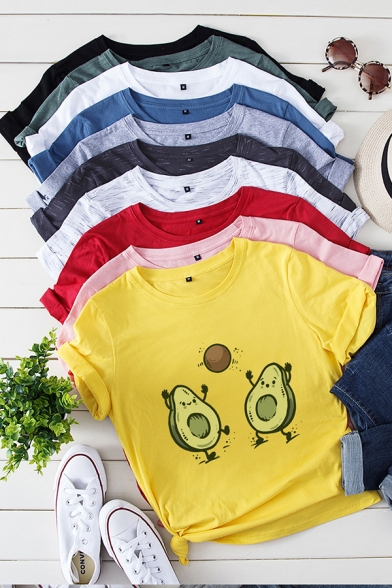 Lovely Avocado Pattern Round Neck Rolled Short Sleeves Fitted Summer T-Shirt