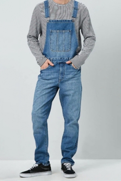 Men's Casual Plain Blue Adjustable Straps Multi Pockets Straight Fit Jeans Coveralls