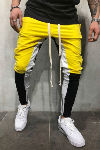 Men's Leisure Color Block Stripe Patchwork Drawstring Waist Skinny Fit Track Pants