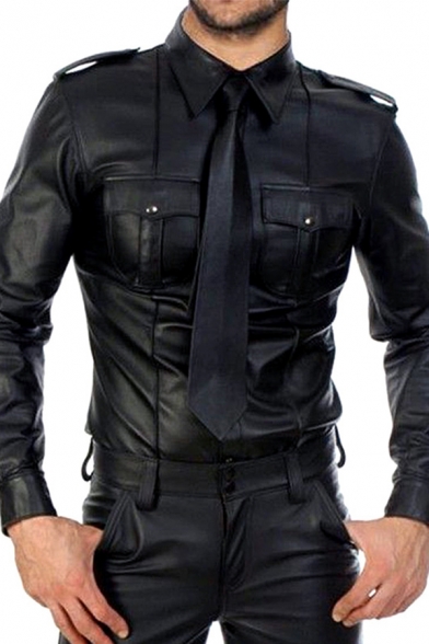 Men's Stylish Long Sleeve Button-Up Plain Black Patent Leather Uniform Shirt without Tie