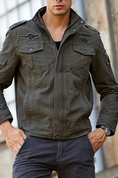 Mens Casual Solid Color Long Sleeve Chest Pocket Zip Placket Cargo Jacket