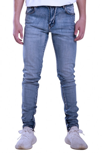 Mens Simple Plain Zipper Fly Stretch Fit Casual Pants Basic Jeans