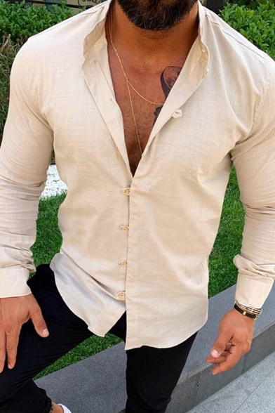 Mens Simple Whole Colored Long Sleeve Button Placket Slim Fit Linen Shirt