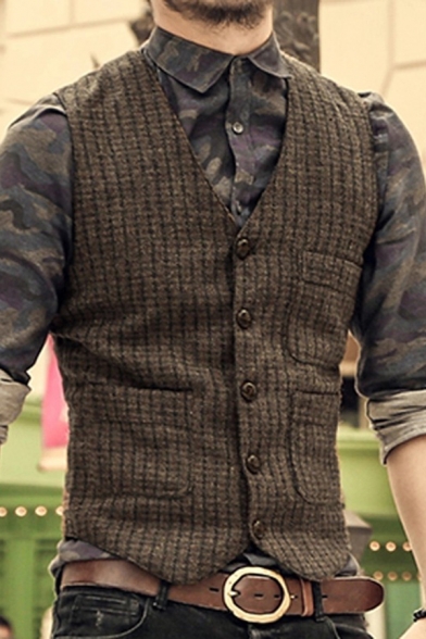 Mens Stylish Brown Plaid Printed V Neck Single Breasted Slim Fitted Sleeveless Vest