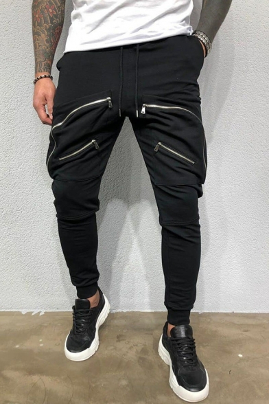 Mens Unique Solid Color Zipper Front Ankle Banded Pants Cotton Trousers