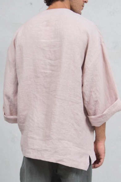 Middle East Ethnic Style Plain V-Neck Long Sleeve Oversized Linen T-Shirt