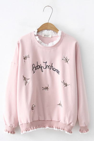 Mori Girl Popular Letter Floral Embroidery Stringy Selvedge Patched Loose Sweatshirt