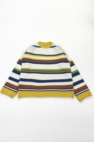 New Trendy Colorful Stripe Printed Long Sleeve Crewneck Oversized Pullover Sweater