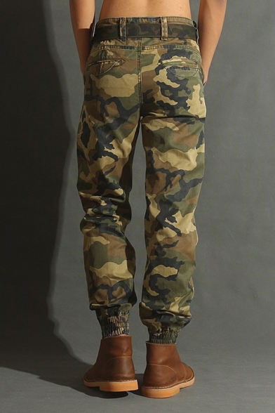 Outdoor Fashion Camouflage Printed Zip Fly Ankle Banded Trousers Army Green Cargo Pants