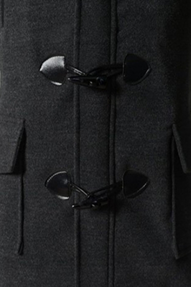 Plain Dark Gray Long Sleeve Horn Buttons Detachable Hood Casual Men's Tunic Wool Coat