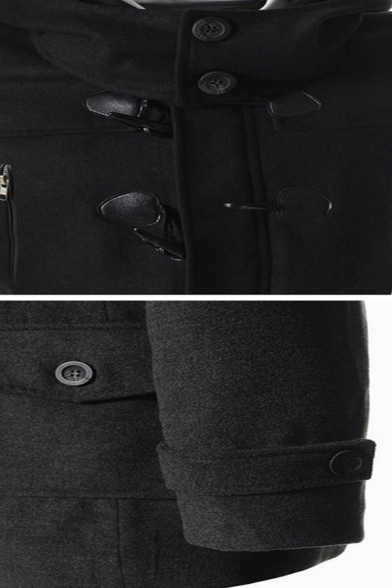 Plain Dark Gray Long Sleeve Horn Buttons Detachable Hood Casual Men's Tunic Wool Coat