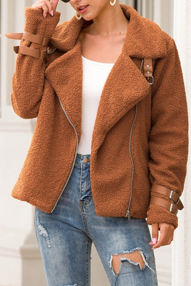 Plain Fashion Long Sleeve Notch Collar Zipper Buckle Detail Fitted Fluffy Teddy Jacket for Ladies