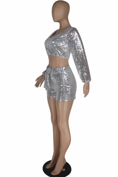 Plain Silver Glitter Long Sleeve V-Neck Cropped Top with Tie Front Shorts Nightclub Co-ords