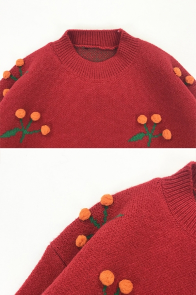 Preppy Chic Cherry Printed Long Sleeve Crew Neck Oversized Pompom Sweater