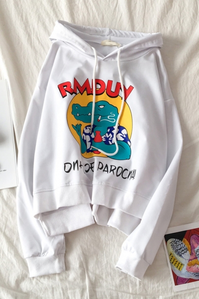 Pretty White Long Sleeve Drawstring Letter RMDUY Dinosaur Pattern Relaxed Fit Hoodie for Women