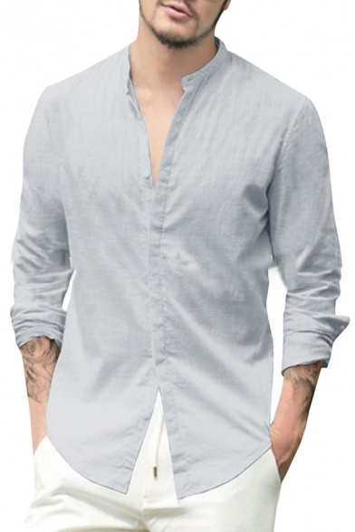 Solid Color Stand Collar Long Sleeves Button Up Relaxed Fit Linen Shirt for Men