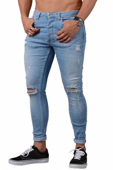 Street Casual Plain Zipper Placket Knee Cut Ripped Shredded Slim Fit Jeans for Men